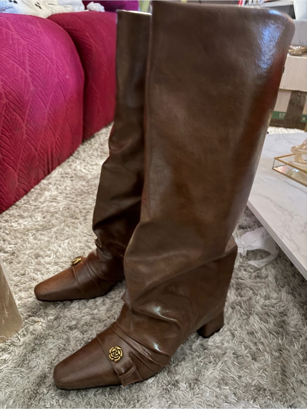Women's Over-the-Knee Brown Leather Boots with Decorative Gold Accent